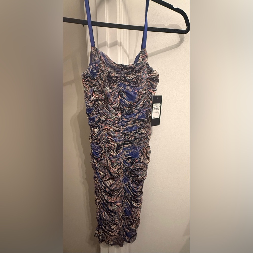 Marciano Blue and Pink Ruched Midi Dress